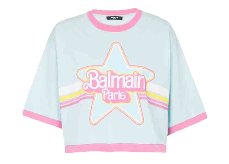 Balmain x Barbie - Blue Cotton Cropped T-Shirt with Pink Balmain Logo Print
