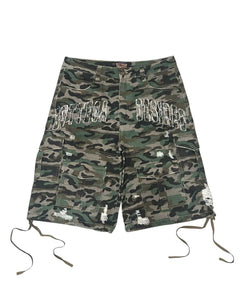 Bottega Desires Distressed Camo Cargo Shorts Green