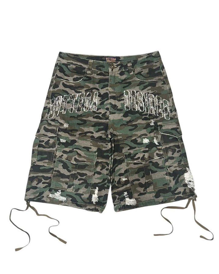 Bottega Desires Distressed Camo Cargo Shorts Green