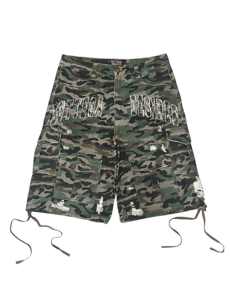 Bottega Desires Distressed Camo Cargo Shorts Green