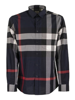Burberry Check Stretch Cotton Poplin Shirt Navy