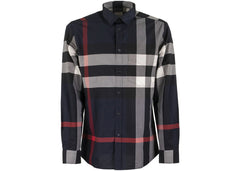 Burberry Check Stretch Cotton Poplin Shirt Navy