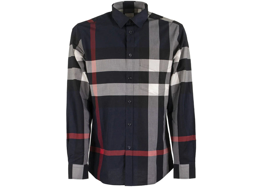 Burberry Check Stretch Cotton Poplin Shirt Navy