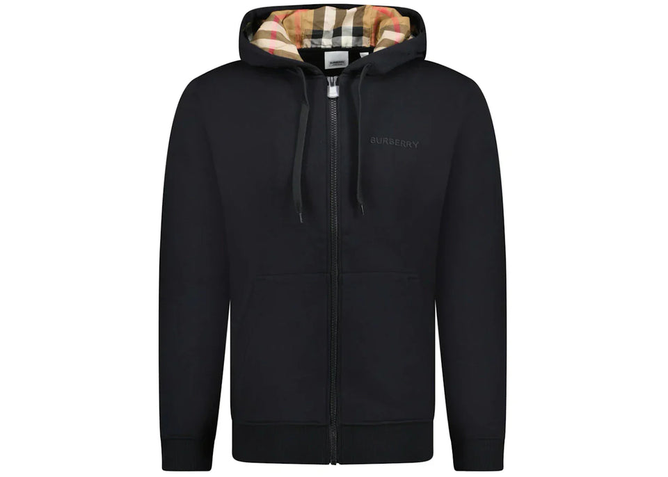 Burberry Hove Check Embroidery Logo Zip Hoodie Black