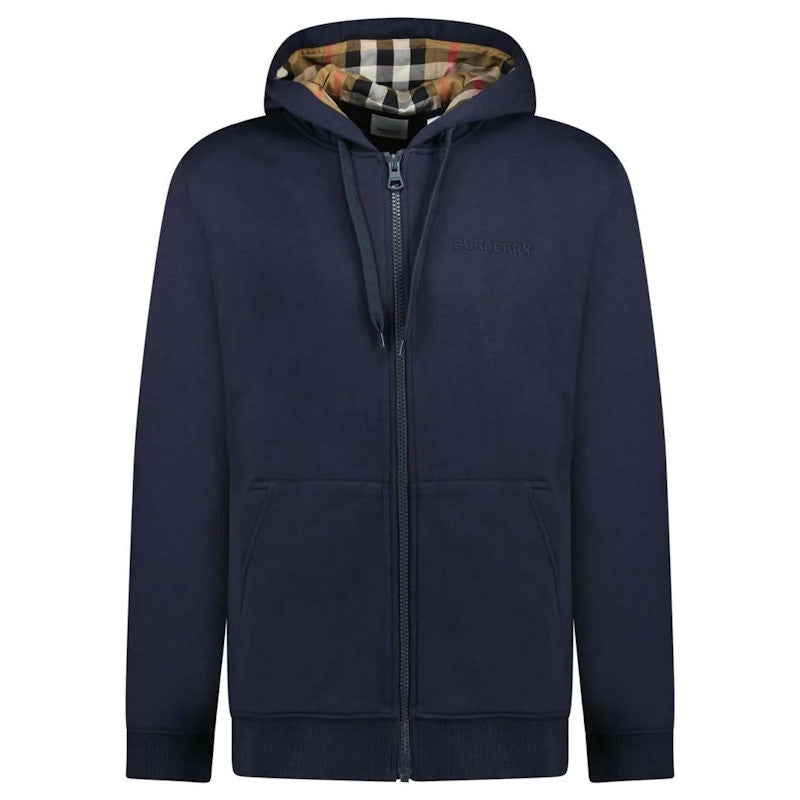 Burberry Hove Check Embroidery Logo Zip Hoodie Navy