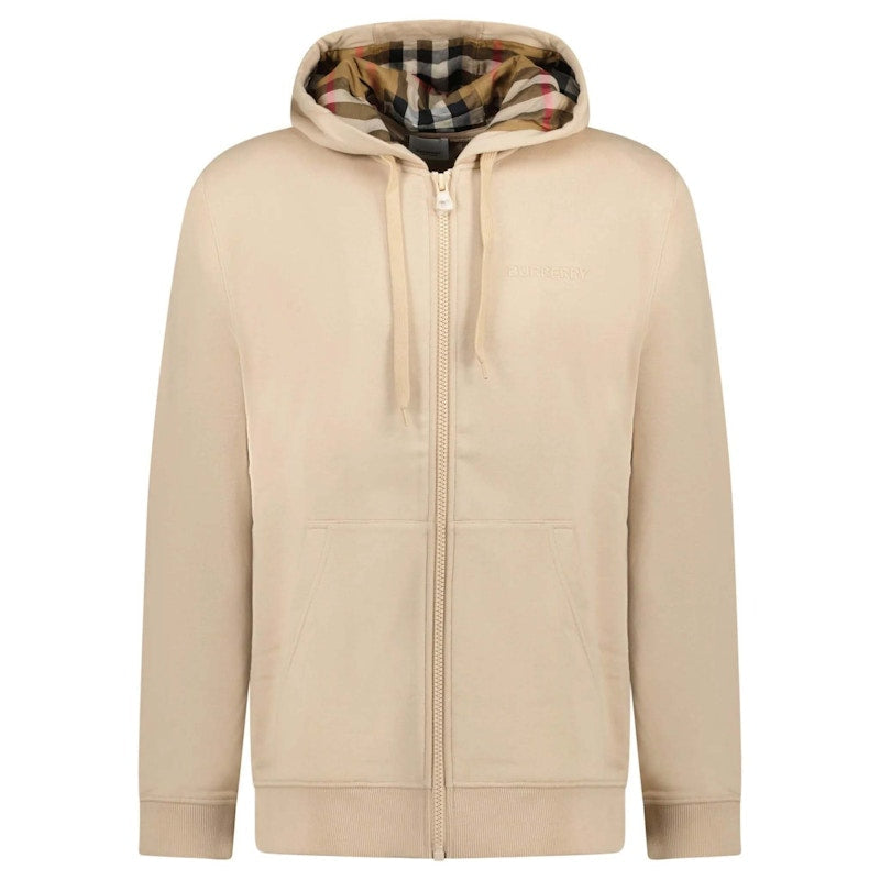 Burberry Hove Check Embroidery Logo Zip Hoodie Soft Fawn