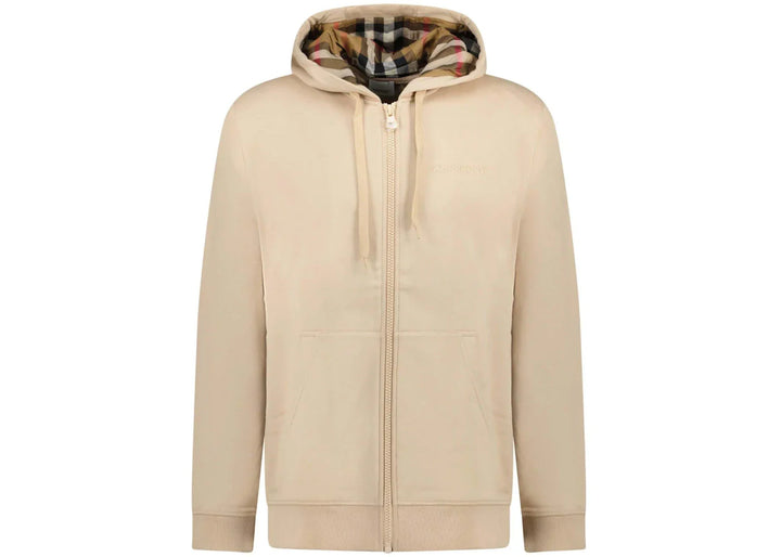 Burberry Hove Check Embroidery Logo Zip Hoodie Soft Fawn