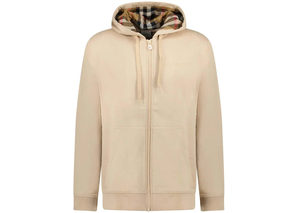 Burberry Hove Check Embroidery Logo Zip Hoodie Soft Fawn