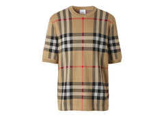 Burberry Shorts-sleeve Check Silk Wool Jacquard Top Archive Beige