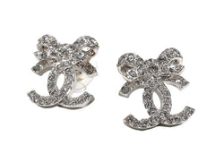Chanel Bow Tie CC Logo Earrings Silver (ABA922)