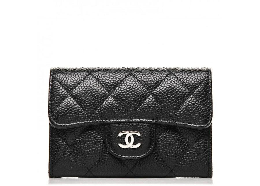 Chanel Flap Card Holder Quilted Caviar Silver-tone Black