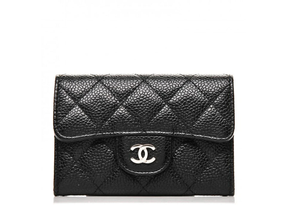 Chanel Flap Card Holder Quilted Caviar Silver-tone Black