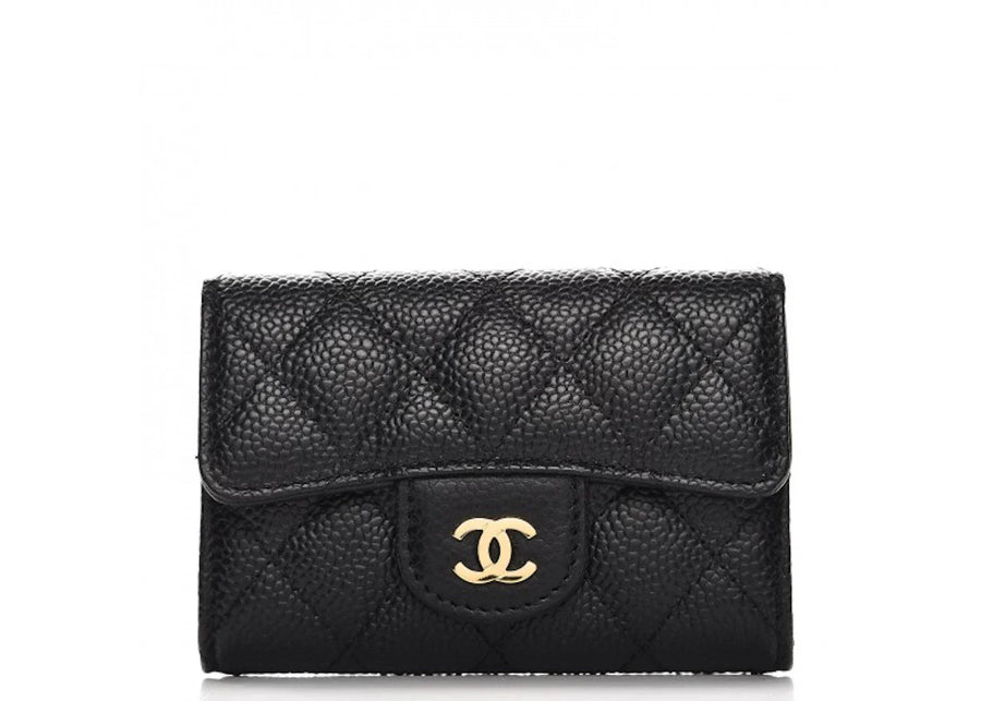Chanel Card Holder Quilted Caviar Gold-tone Black
