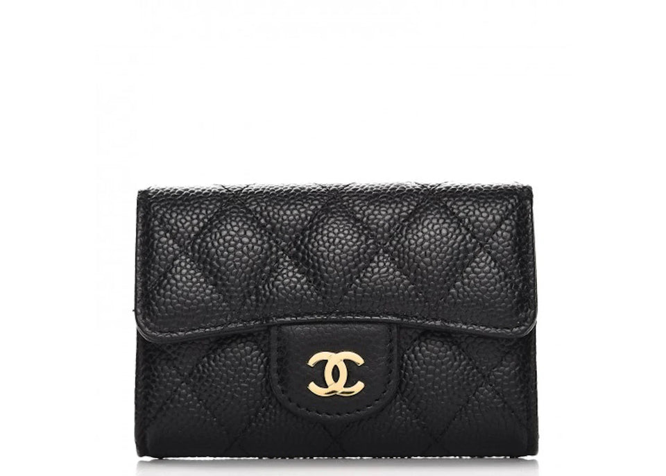 Chanel Card Holder Quilted Caviar Gold-tone Black