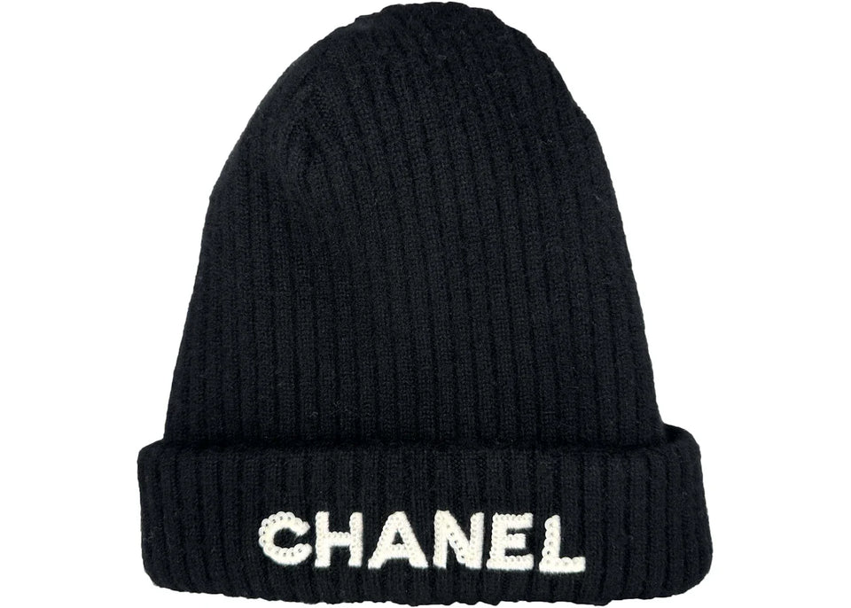 Chanel Cloche White Sequin Letter Logo Beanie AA8446 Black