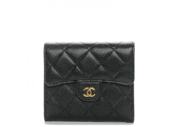 Chanel Flap Compact Wallet Quilted Caviar Gold-tone Black