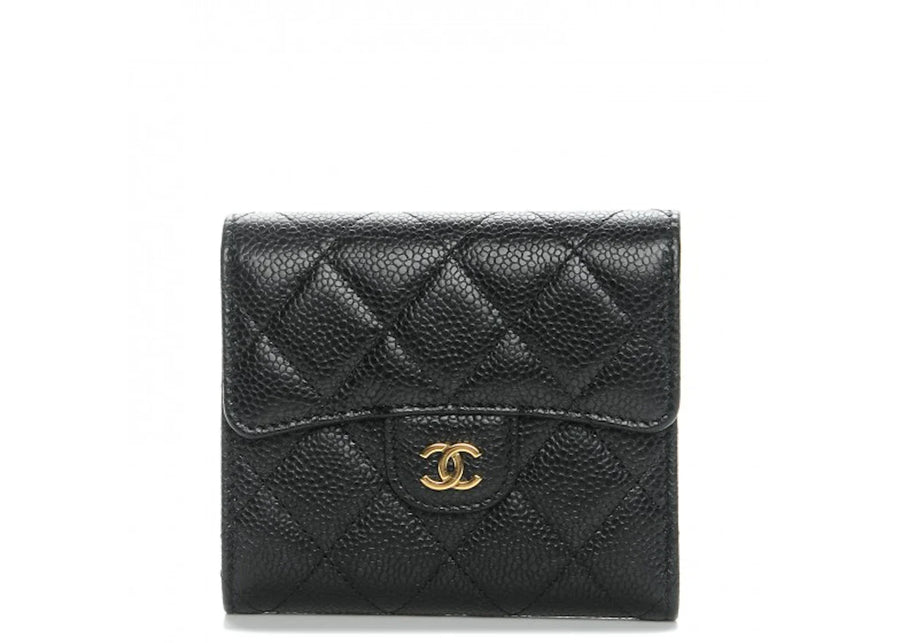 Chanel Flap Compact Wallet Quilted Caviar Gold-tone Black