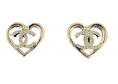 Chanel Crystal CC Logo Heart Stud Earrings ABA103 Light Gold/Crystal