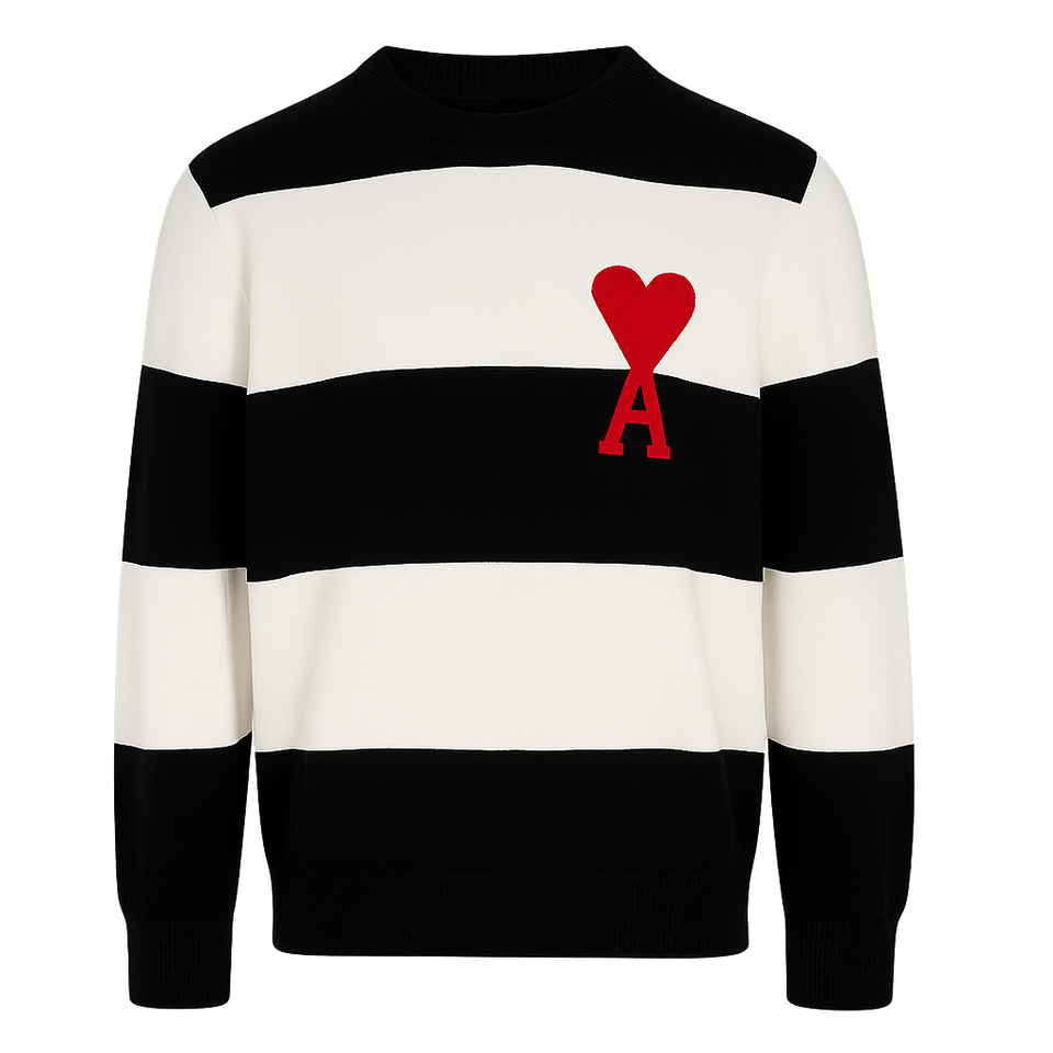 Ami Paris Ami De Coeur Sweater with Rugby Stripes Naut BLACK/Nat White