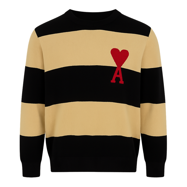 Ami Paris Ami De Coeur Sweater with Rugby Stripes Naut BLACK/Nat Brown