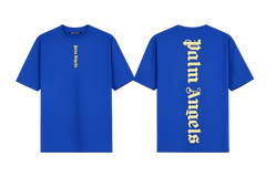 Palm Angels Blue T-Shirt featuring a large black gothic font logo