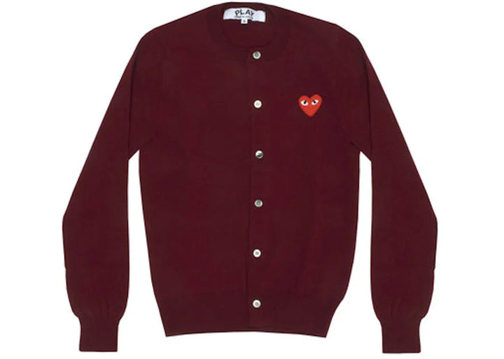 Comme Des Garcons Play Women'S Red Heart Knit Cardigan Sweater Burgundy