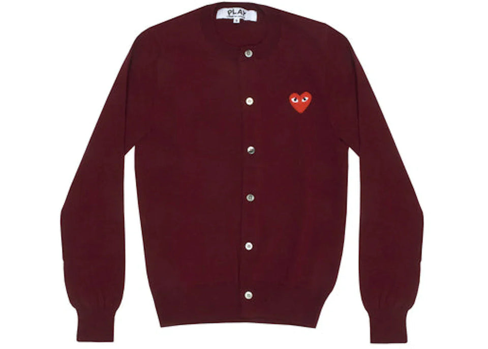 Comme Des Garcons Play Women'S Red Heart Knit Cardigan Sweater Burgundy
