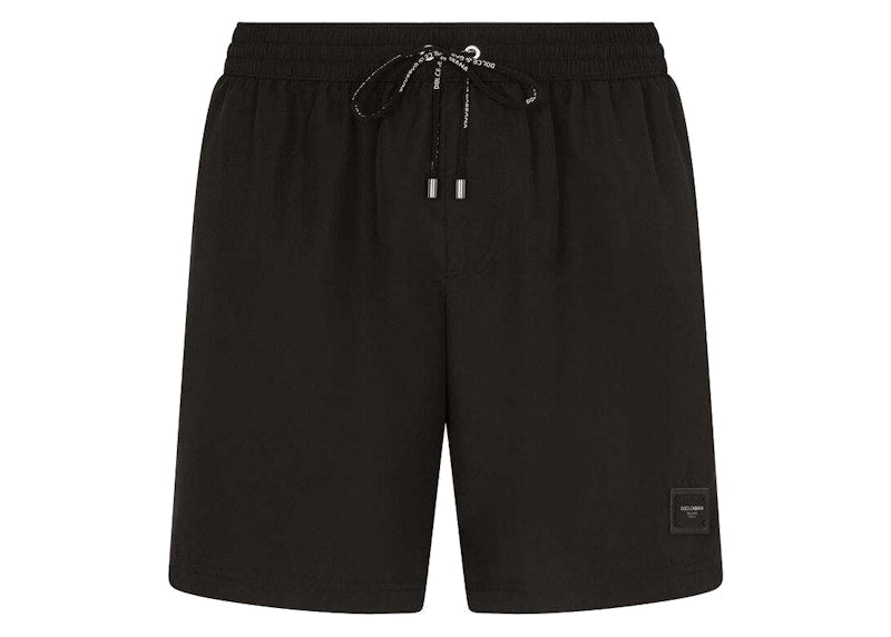 Dolce & Gabbana Mid Length Branded Plate Swim Trunks Black