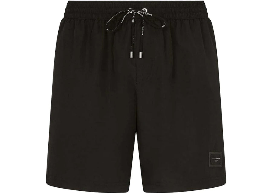 Dolce & Gabbana Mid Length Branded Plate Swim Trunks Black