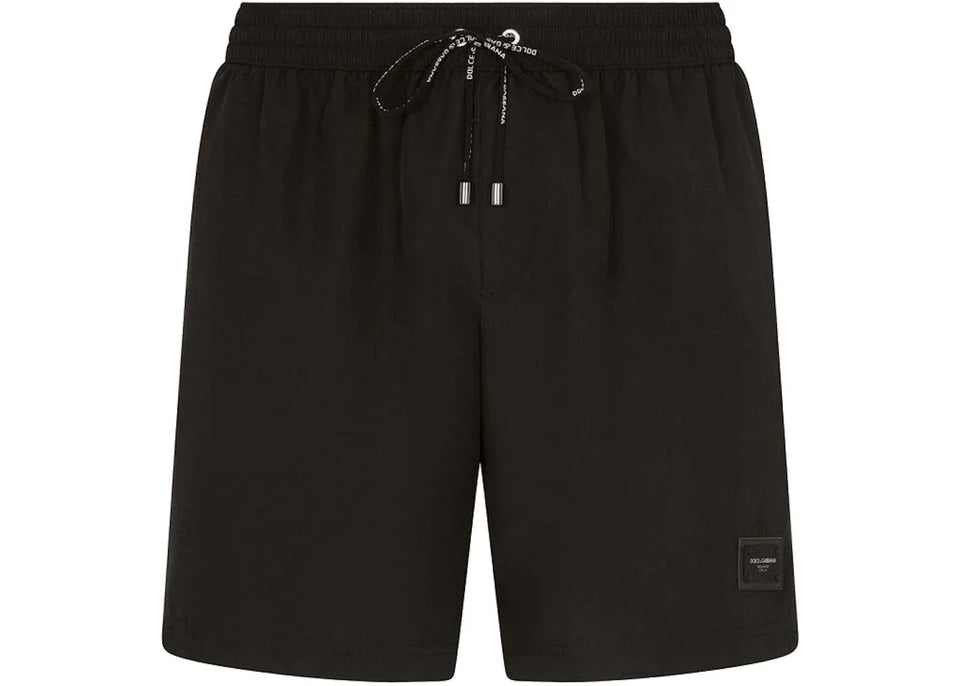 Dolce & Gabbana Mid Length Branded Plate Swim Trunks Black