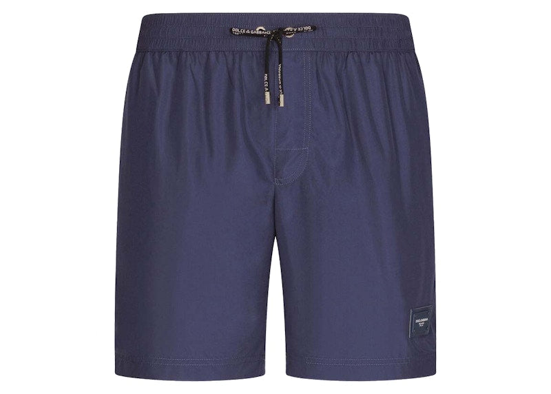 Dolce & Gabbana Mid Length Branded Plate Swim Trunks Blue