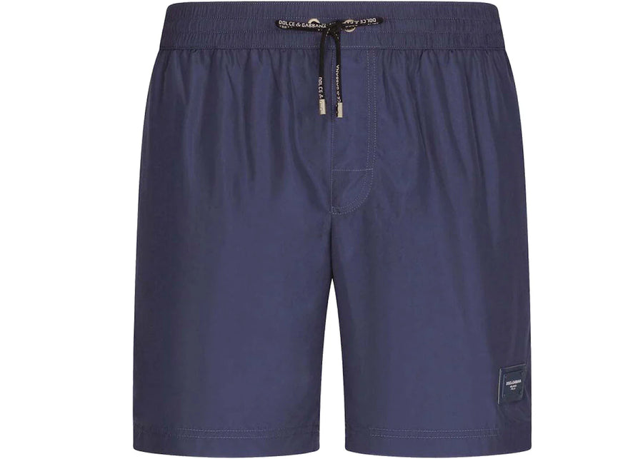 Dolce & Gabbana Mid Length Branded Plate Swim Trunks Blue