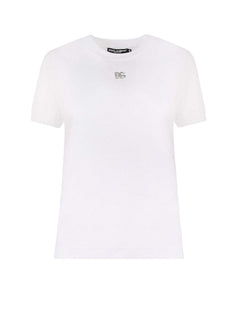 Dolce & Gabbana Woman Cotton Rhinestones Logo Detail T-Shirt White