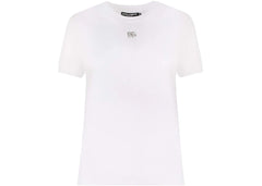 Dolce & Gabbana Woman Cotton Rhinestones Logo Detail T-Shirt White