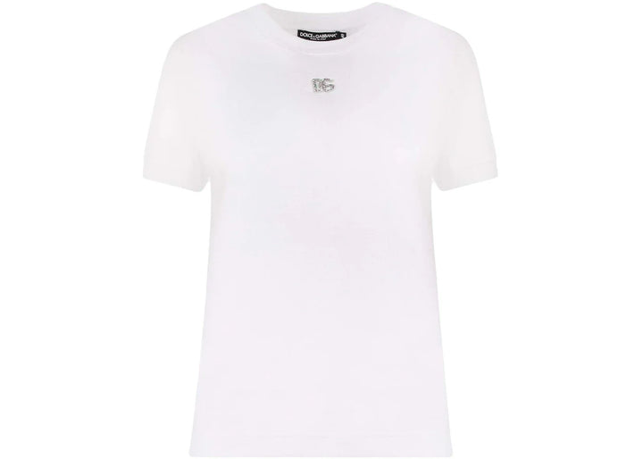 Dolce & Gabbana Woman Cotton Rhinestones Logo Detail T-Shirt White
