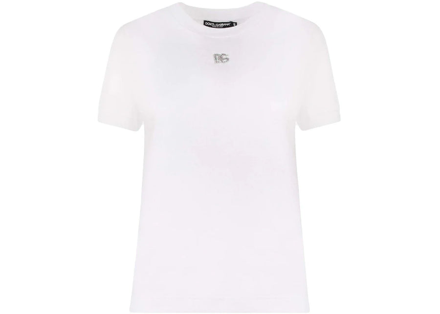Dolce & Gabbana Woman Cotton Rhinestones Logo Detail T-Shirt White
