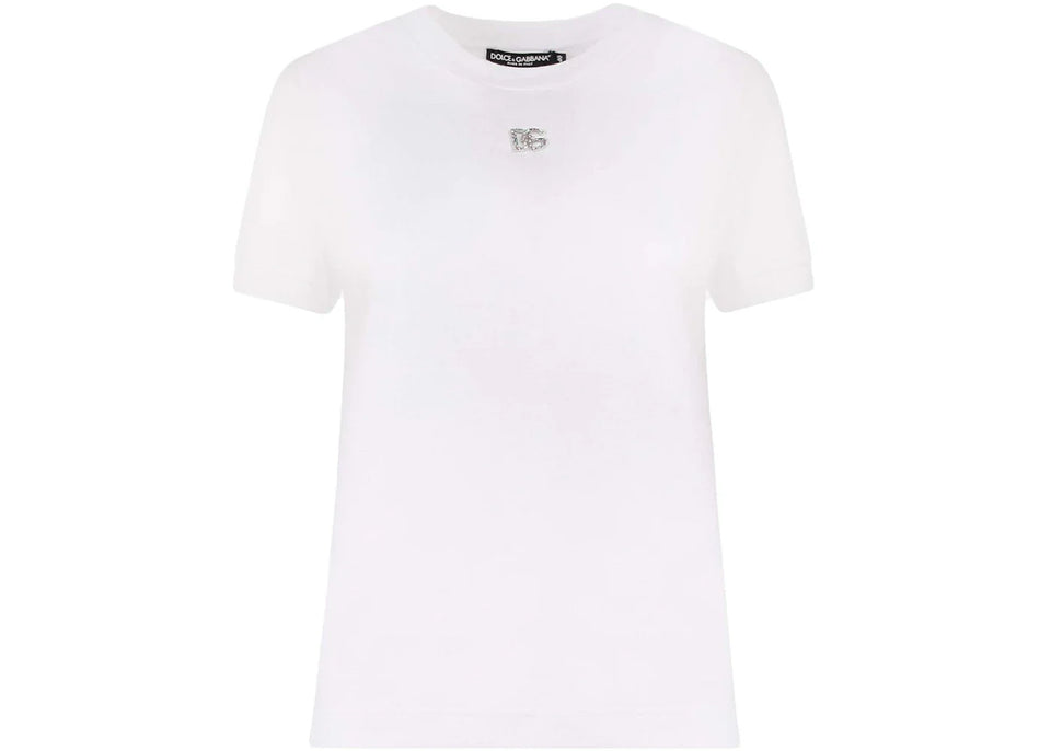 Dolce & Gabbana Woman Cotton Rhinestones Logo Detail T-Shirt White