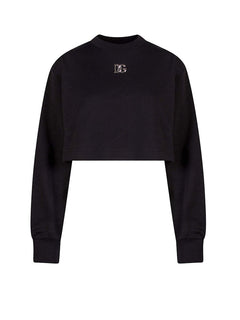 Dolce & Gabbana Woman Crop Fit Cotton DG Patch Sweatshirt Black