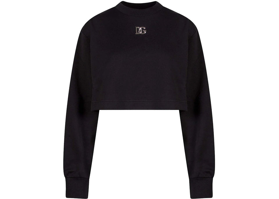 Dolce & Gabbana Woman Crop Fit Cotton DG Patch Sweatshirt Black