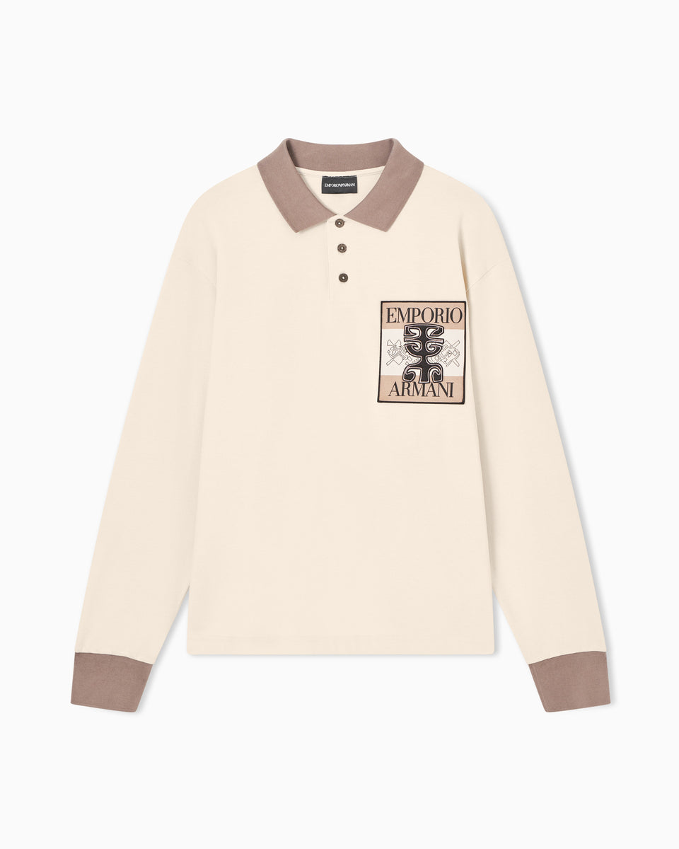 Emporio Armani Piqué polo shirt with patch and tribal print
