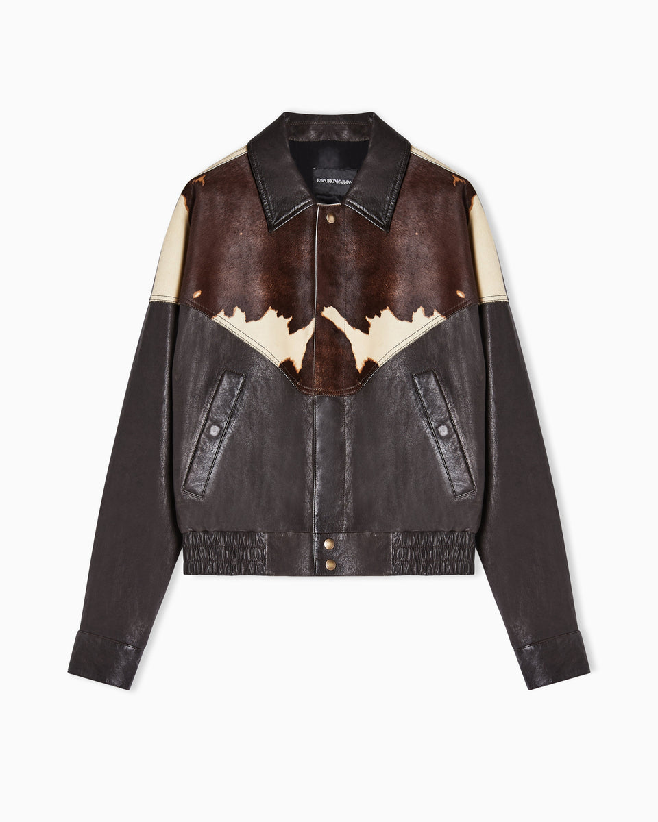Emporio Armani Blouson jacket in washed, vegetable-tanned nappa leather with a pony skin-effect insert