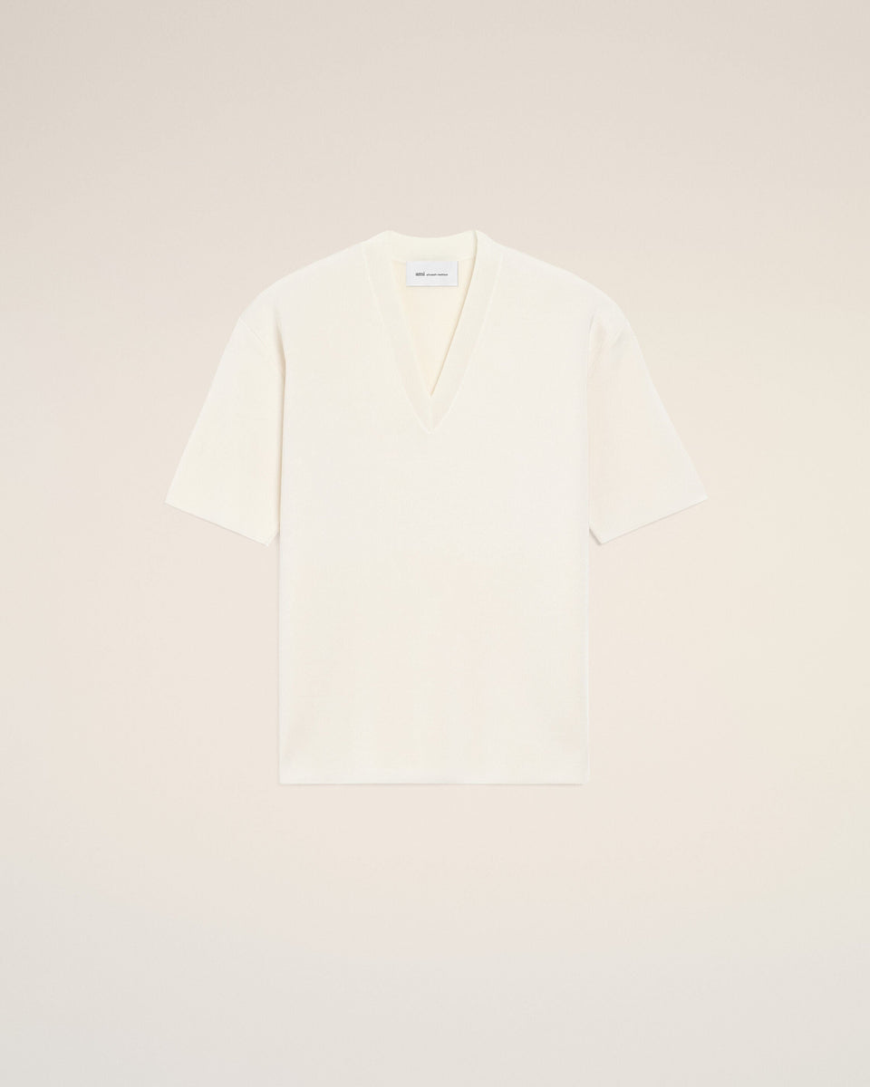 AmiParis White Wool Short Sleeves V Neck Sweater Cream Women's