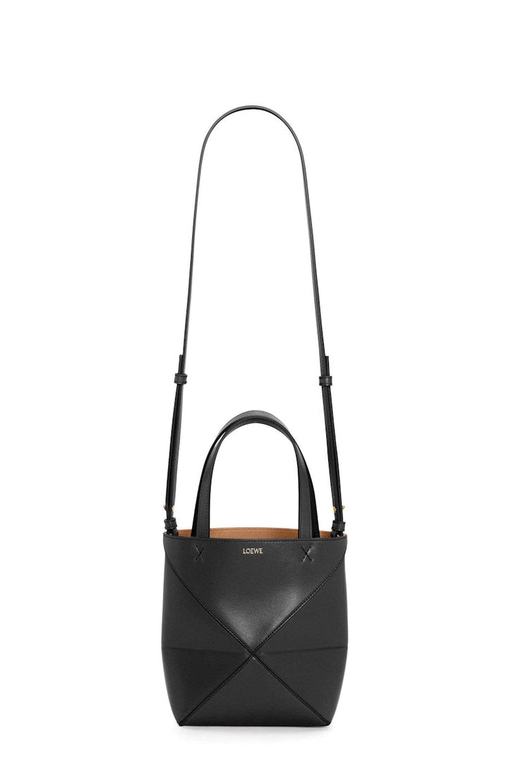 Loewe Mini Puzzle Fold Tote In Shiny Calfskin Black