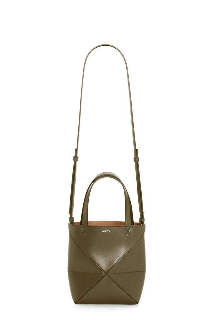 Loewe Mini Puzzle Fold Tote In Shiny Calfskin Dark Khaki Green