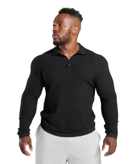 Gymshark Long Sleeve Waffle Polo Shirt - Black