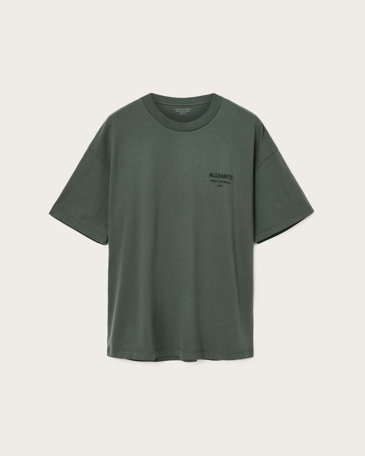 ALL SAINTS Xander Flocked Logo Oversized Garnet Green T-Shirt