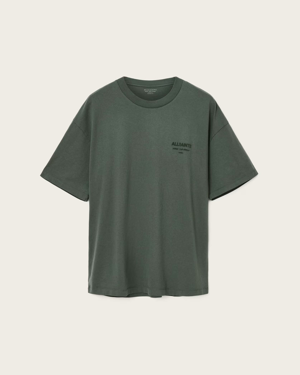 ALL SAINTS Xander Flocked Logo Oversized Garnet Green T-Shirt