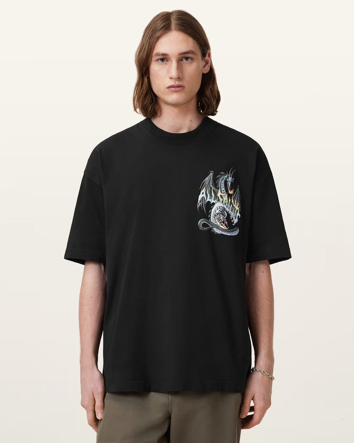 ALL SAINTS Dragon Wave Oversized Short Sleeve T-Shirt Washed Black