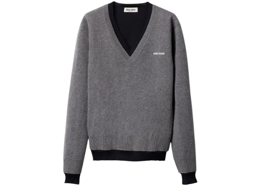 Miu Miu Silk Cashmere V-Neck Sweater Grigio Blu
