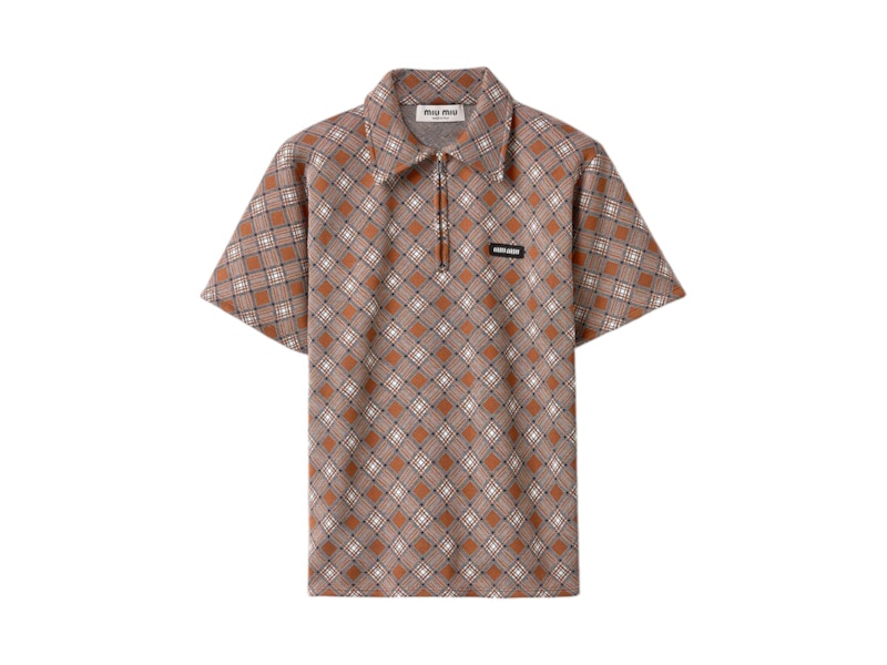 Miu Miu Silk Check Polo Shirt Tabacco